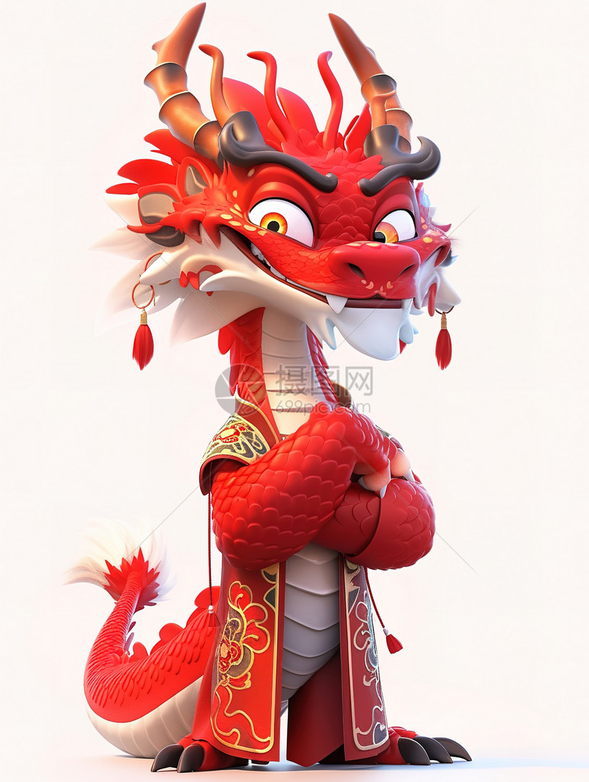 穿着中国服装的3D可爱卡通龙图片