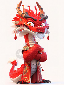 穿着中国服装的3D可爱卡通龙背景图片