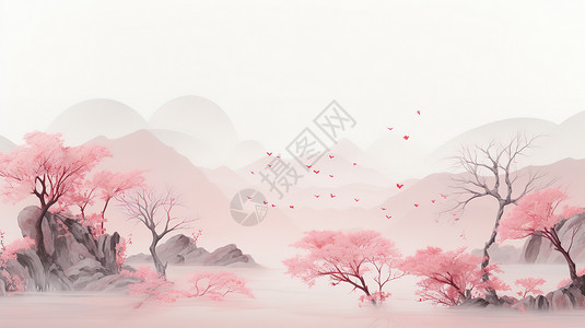浅粉色背景浅粉色中国风山水画插画
