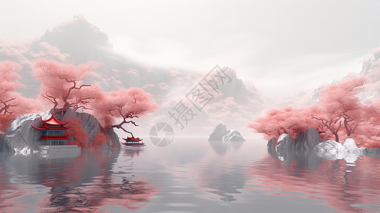浅粉色唯美诗意中国风山水画图片