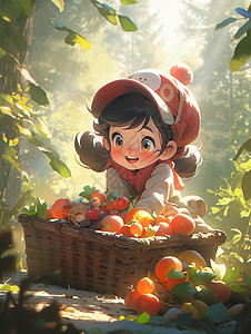 摘菜田园摘水果的女孩插画