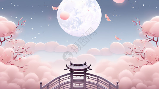 拱桥夜景拱桥粉色浪漫七夕情人节背景插画