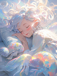 天使鱼睡觉的美人鱼插画