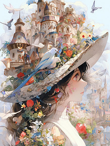 复古油头小清新卡通女孩头顶上的帽子是一座满花朵的欧式复古卡通城市插画
