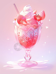 樱桃果冻冰激凌透明玻璃杯中美味的卡通冰激凌甜品插画