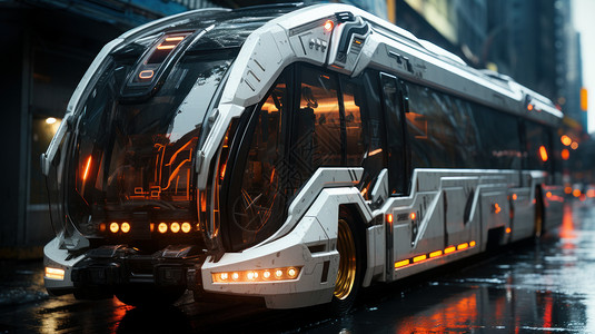旅游客车夜晚行驶在街道上的科技感巴士插画