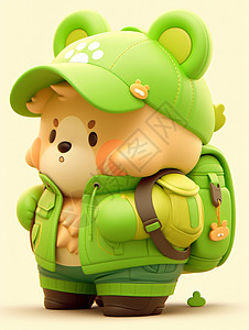 戴着绿色帽子背的可爱卡通小熊背景图片