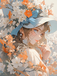 帽子和花朵满头花朵眼睛漂亮的小清新卡通女孩插画