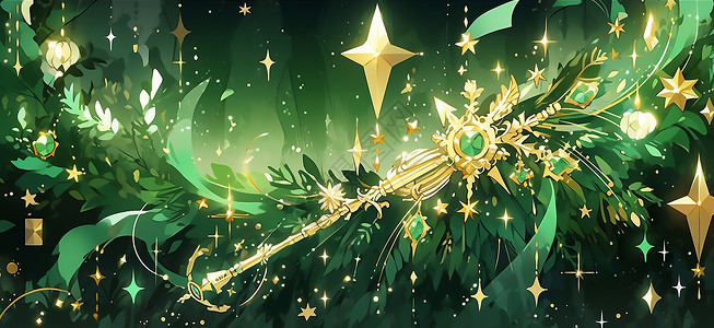 绿色法阵特效星星闪光魔法权杖插画