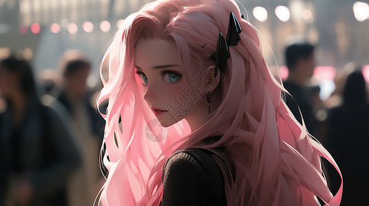 粉红色假发人群中可爱的女生插画