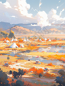 山村风景秋天美丽的小河旁很多帐篷卡通风景插画