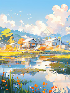蓝天白云下安静的卡通小房子背景图片