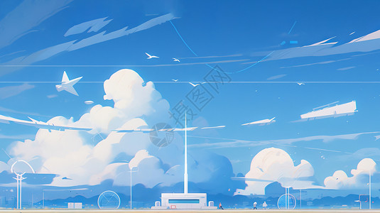 高高的云朵下一座白色小房子卡通风景背景图片