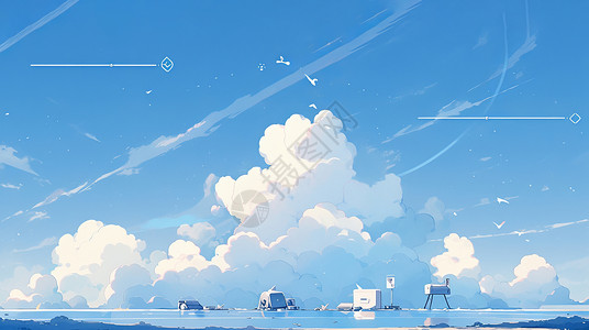 线塔蓝天与高高的云朵下两座工业用塔卡通风景插画