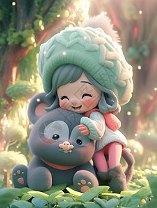 戴帽子的可爱卡通小女孩与宠物熊小怪物在玩耍开心笑背景图片