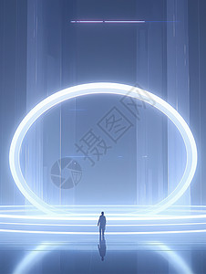 圆舞台小小的卡通人物站在科技感的环形灯光下插画