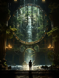 一个小小的人物背影站在梦幻唯美的瀑布边背景图片