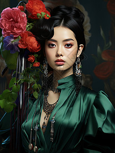 浓妆美女穿绿色衣服头戴红色花朵的时尚精致女人插画