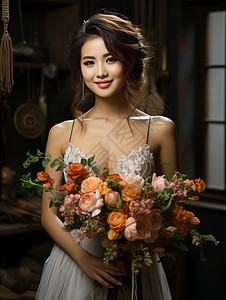 新娘模特手捧花束穿性感婚纱微笑的年轻女人插画