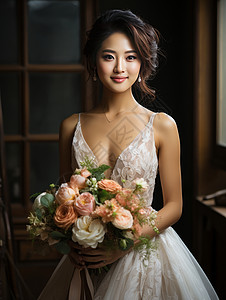 手捧花朵穿婚纱微笑的年轻女人图片