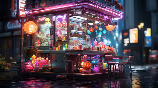夜晚城市街角亮着炫彩霓虹灯的可爱卡通小商店背景图片