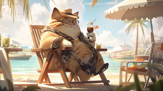 卡通肥胖的猫在海边喝饮料度假背景图片