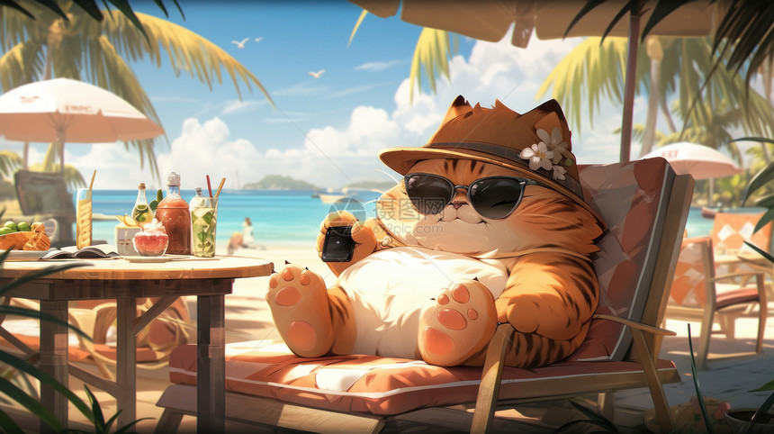 戴眼镜的卡通肥猫坐在海边椅子上喝饮料度假图片