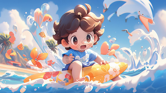 骑着冲浪板在大海上冲浪的卡通小男孩背景图片
