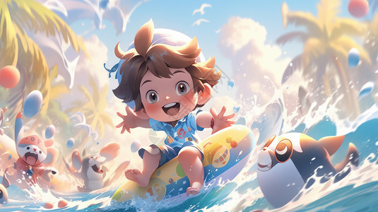 可爱的卡通小男孩在水上游乐园玩耍背景图片