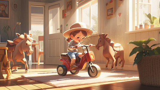 在房间内骑童车的可爱卡通小朋友图片