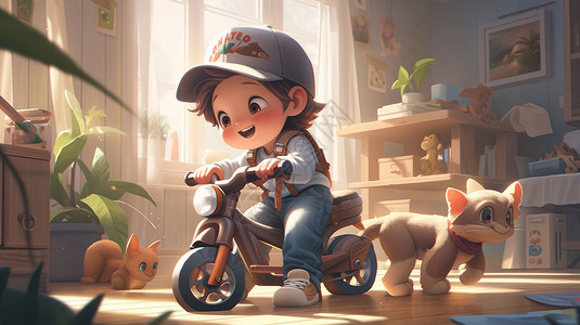 戴灰色棒球帽的可爱卡通小朋友在骑童车高清图片