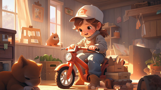 骑红色童车戴棒球帽的可爱卡通小女孩高清图片