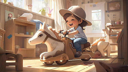 骑木马的小孩在室内骑木马开心大笑的卡通小女孩插画