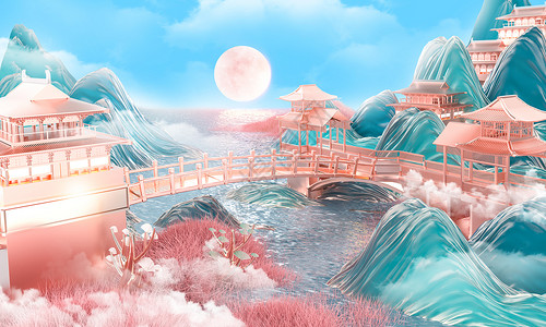 水上的桥c4d立体唯美中国风场景设计图片