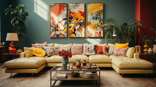 沙发墙装饰画很多抱枕的客厅插画