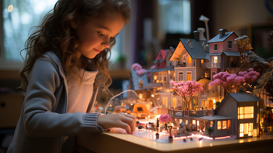 模型搭建小女孩在游戏，小女孩在搭建房子插画