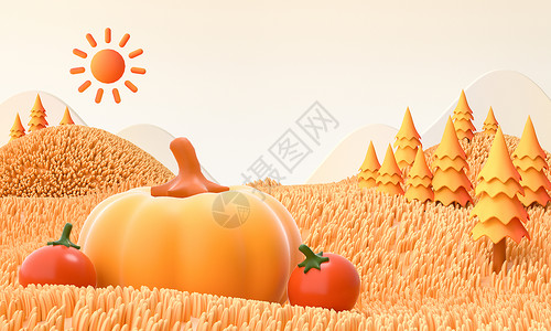 小麦卡通c4d立体秋天景色场景模型设计图片