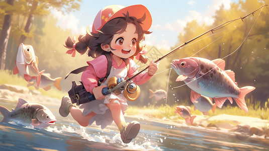 粉色卡通鱼穿粉色衣服在河里奔跑钓鱼的可爱卡通小女孩插画