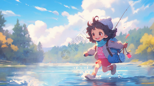 拿着竿奔跑在小河中追鱼群的可爱卡通小女孩图片