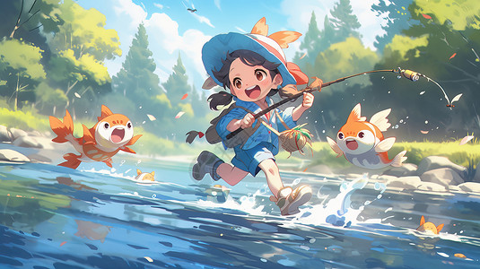 戴蓝色帽子奔跑在小河中的可爱卡通小女孩图片
