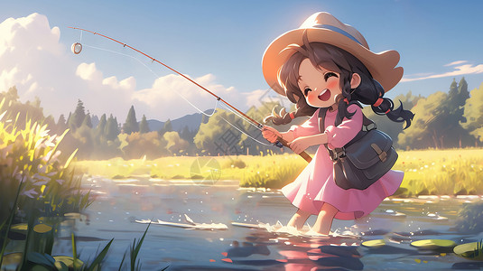 穿粉色裙子在小河中钓鱼嬉戏的可爱卡通小女孩高清图片