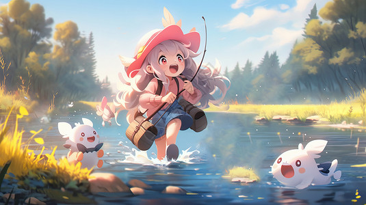 戴粉色帽子的可爱卡通小女孩与宠物精灵一起在小河中奔跑嬉戏背景图片