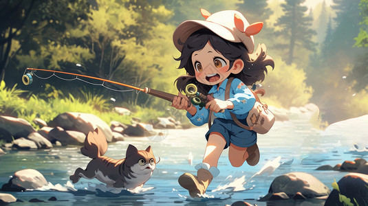 穿蓝色衬衣卡通女孩拿着钓鱼竿与宠物在小河中嬉戏背景图片