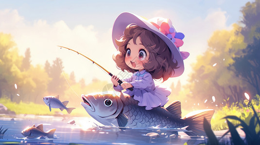 穿紫色裙子可爱卡通小女孩坐在鱼上钓鱼图片