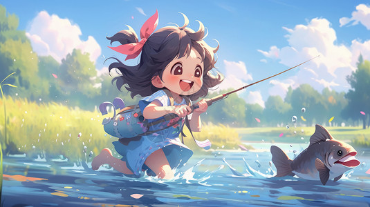 河边奔跑穿蓝色裙子在小河中奔跑嬉戏的可爱卡通小女孩插画
