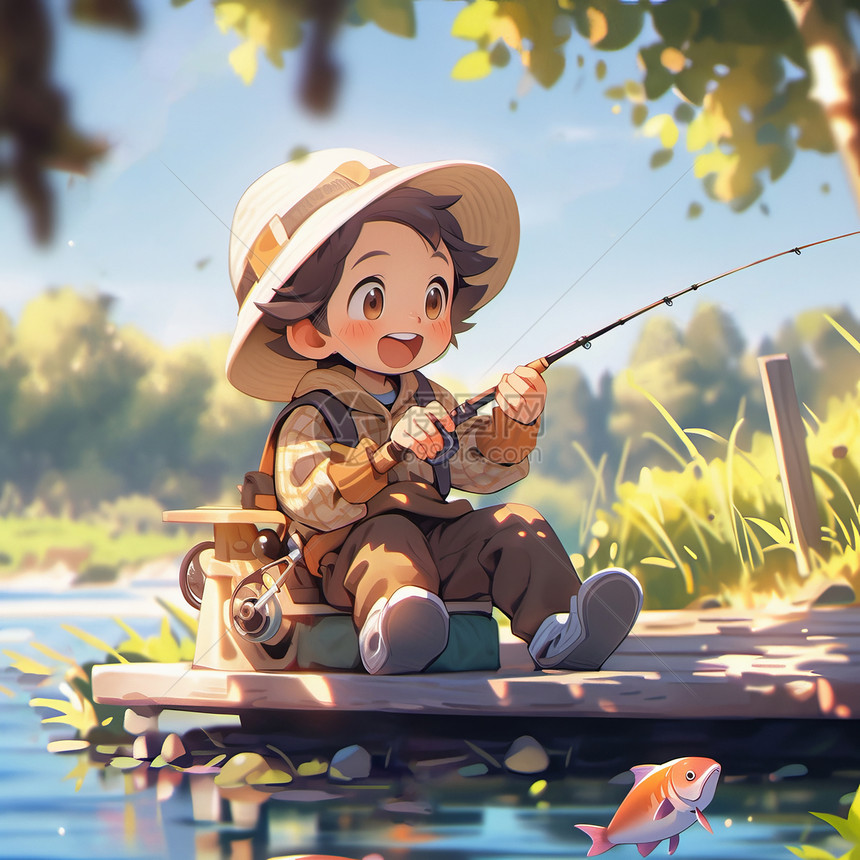 戴帽子坐在树荫下钓鱼可爱卡通小男孩图片