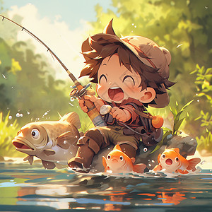 石狩鱼坐在石头上开心大笑钓鱼的可爱卡通小男孩插画