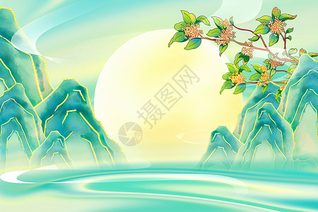 山坡手绘国潮风月桂背景设计图片