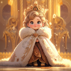 穿普拉达的女王戴黄金皇冠穿白色斗篷站在华丽宫殿里的可爱卡通小女孩插画