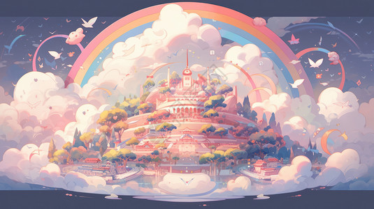被云朵包围的梦幻欧式复古卡通城堡背景图片